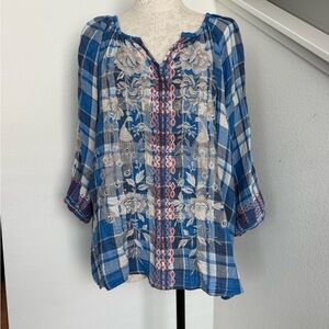Johnny Was Workshop Surya Blue Plaid Embroidered Shirt Top Blouse Large floral